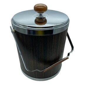 Vintage Mid Century Modern Kromex Ice Bucket Bar Cocktail Chrome Wood Grain MCM